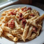 Close-up of One-Pot Creamy Goat Cheese Pasta with penne coated in a rich sauce and topped with roasted tomatoes.