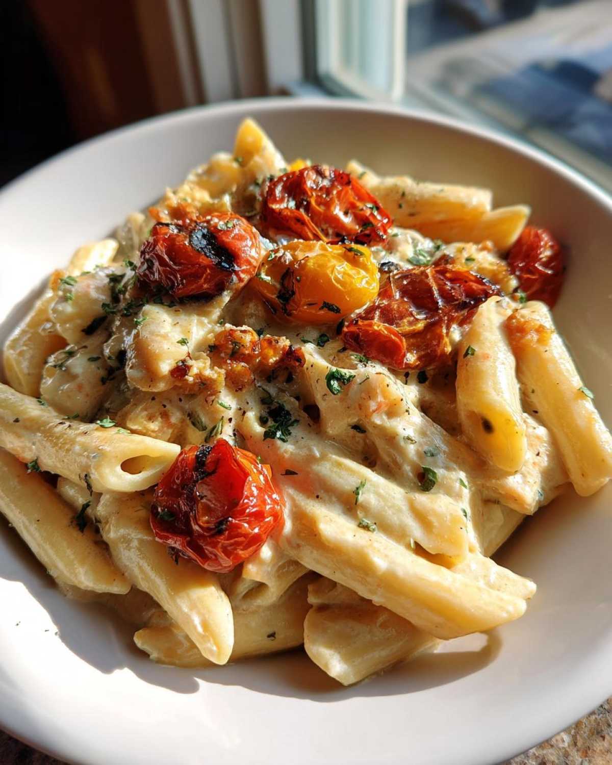 Close-up of One-Pot Creamy Goat Cheese Pasta with roasted cherry tomatoes and parsley.
