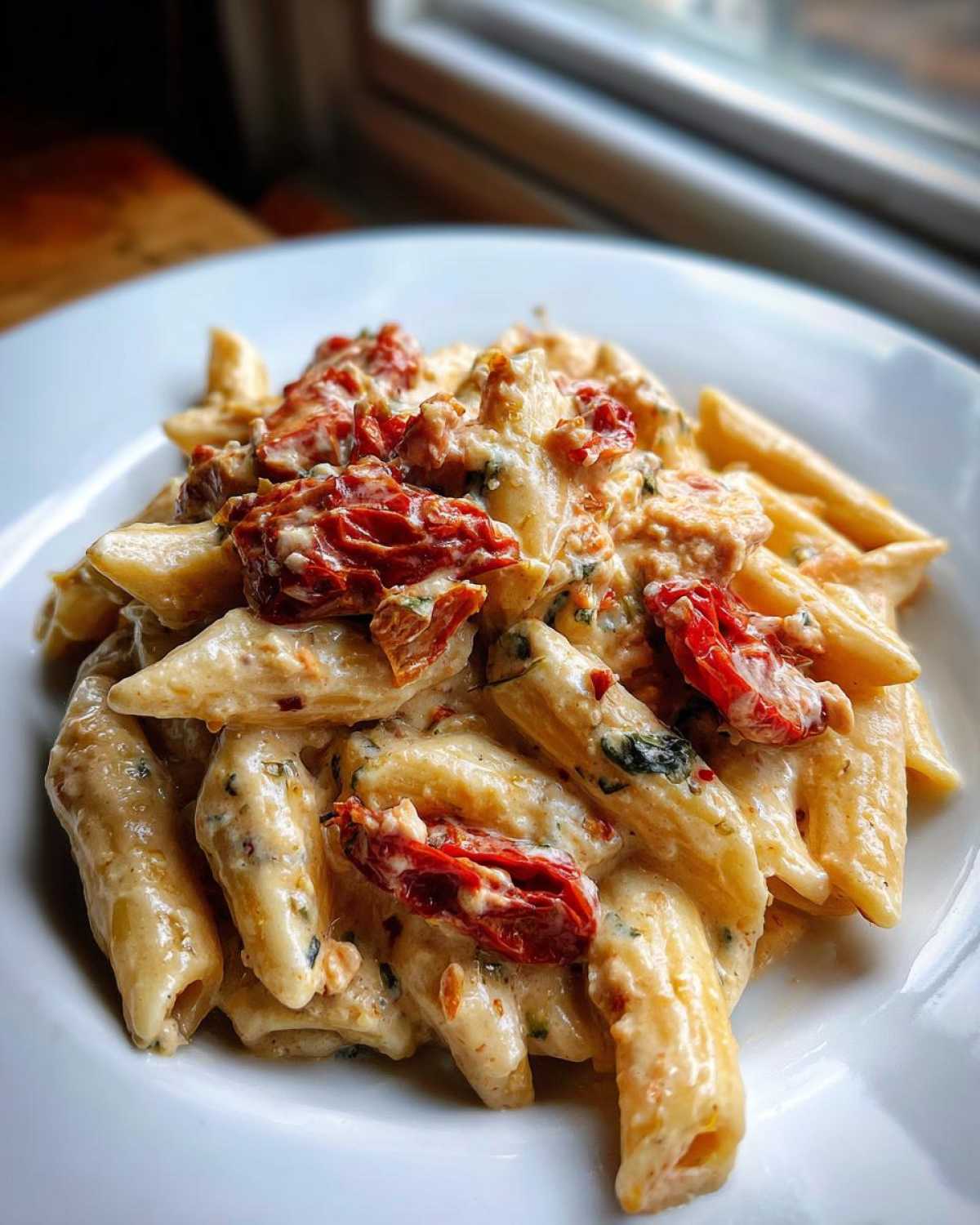 A close-up shot of penne pasta coated in a creamy sauce with sun-dried tomatoes, part of the One-Pot Creamy Goat Cheese Pasta recipe.