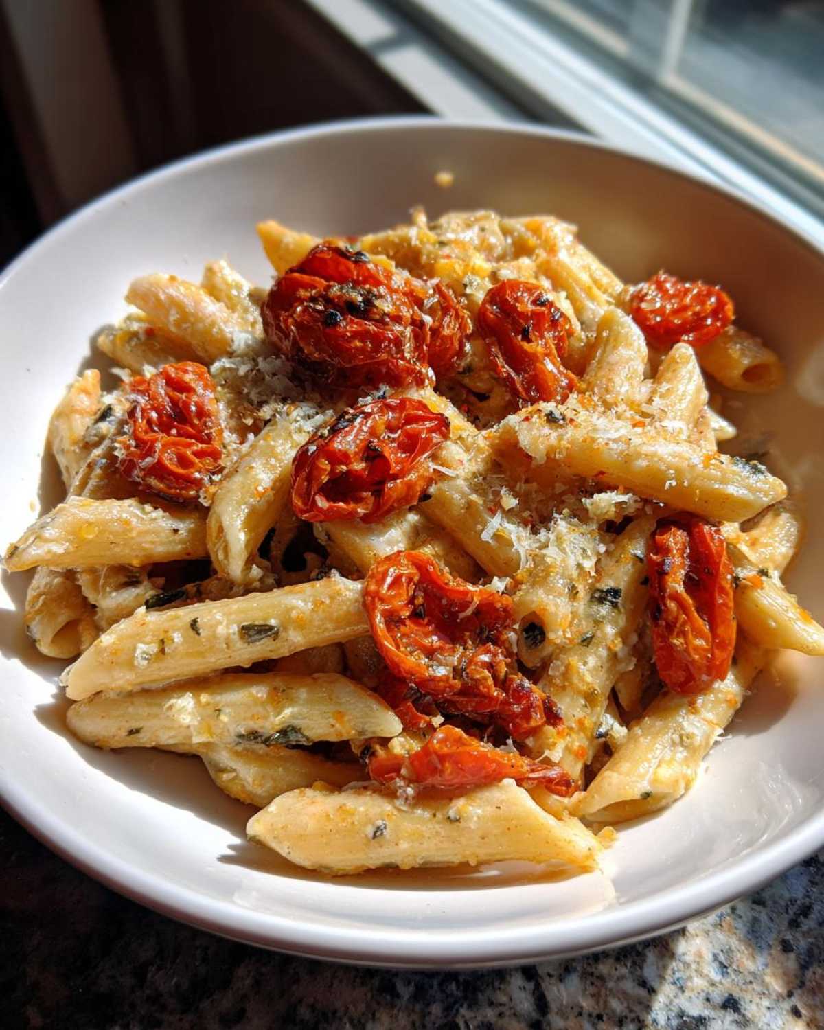 A close-up of One-Pot Creamy Goat Cheese Pasta with penne coated in sauce and topped with bright red roasted tomatoes.