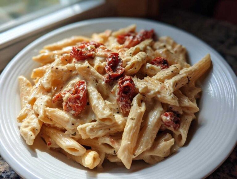 Close-up of One-Pot Creamy Goat Cheese Pasta with penne coated in a rich sauce and topped with roasted tomatoes.