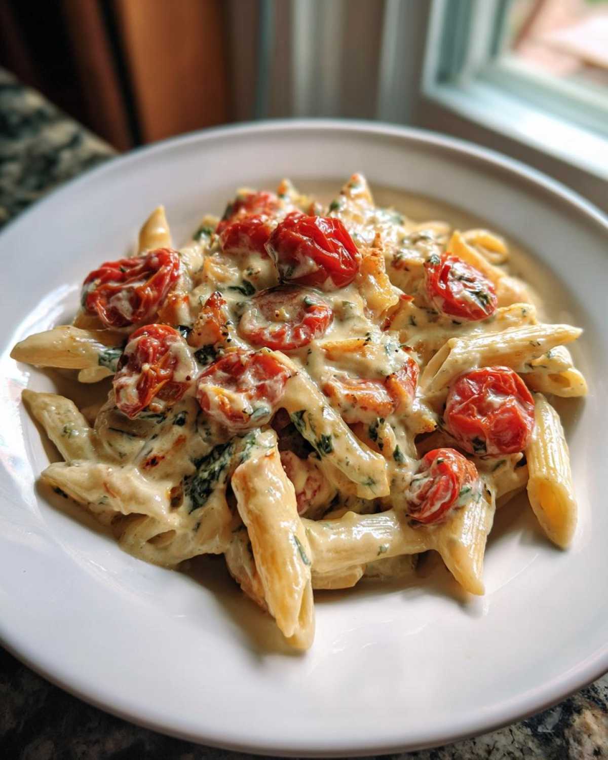 A close-up serving of One-Pot Creamy Goat Cheese Pasta with roasted cherry tomatoes on a white plate.