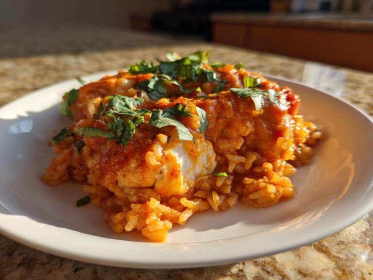 A serving of One-Pot Creamy Tomato Basil Chicken and Rice topped with fresh basil.