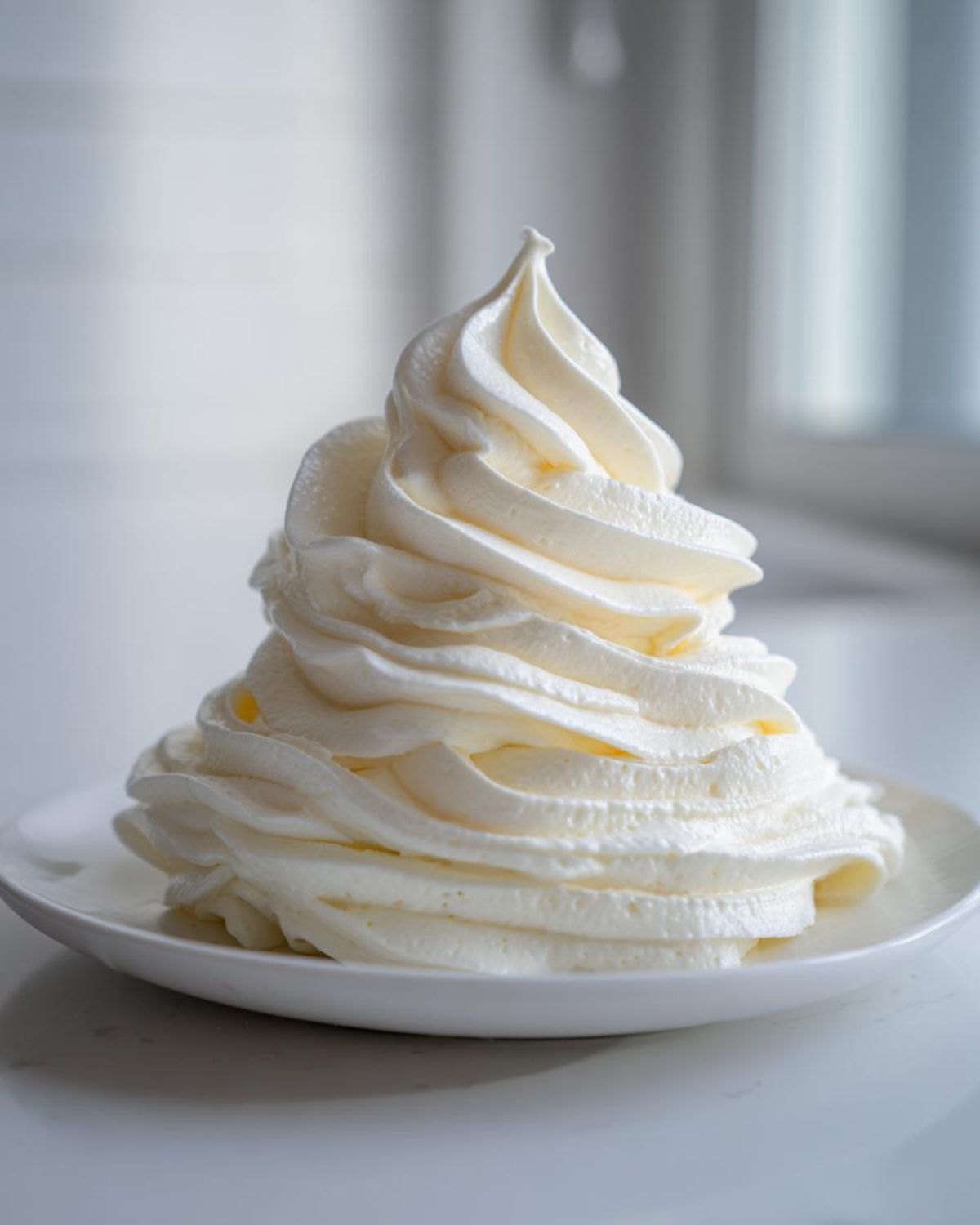 A tall, perfectly piped swirl of thick, white Copycat Cinnabon Cream Cheese Frosting on a small white plate.