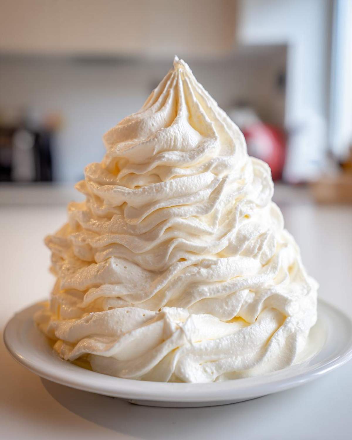 A tall swirl of thick, white Copycat Cinnabon Cream Cheese Frosting piped high on a small white plate.