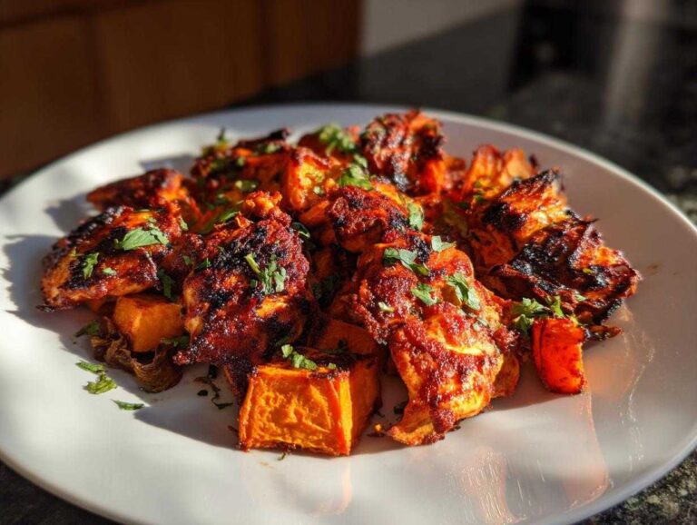 Close-up of Sheet Pan Harissa Chicken with Sweet Potatoes garnished with fresh parsley on a white plate.