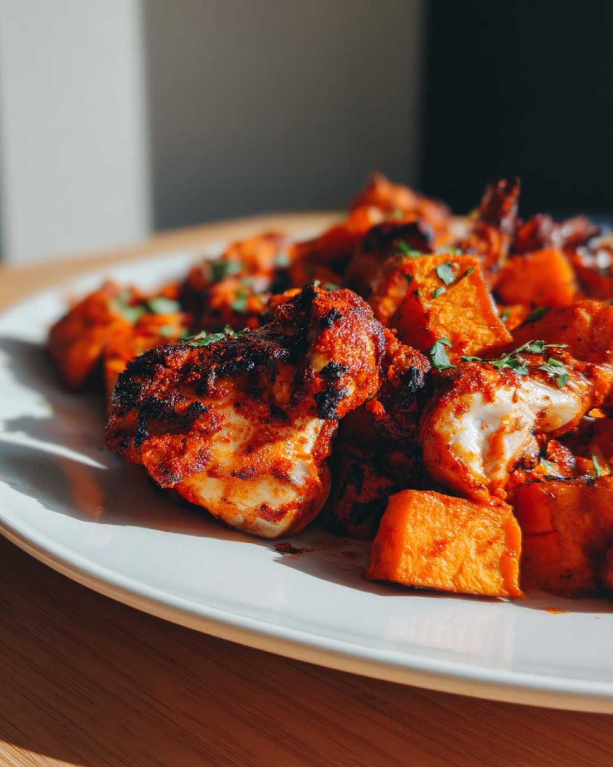 Close-up of charred Sheet Pan Harissa Chicken with Sweet Potatoes garnished with parsley.