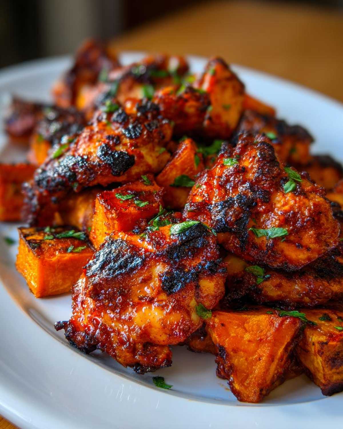 Close-up of charred Sheet Pan Harissa Chicken with Sweet Potatoes garnished with parsley.