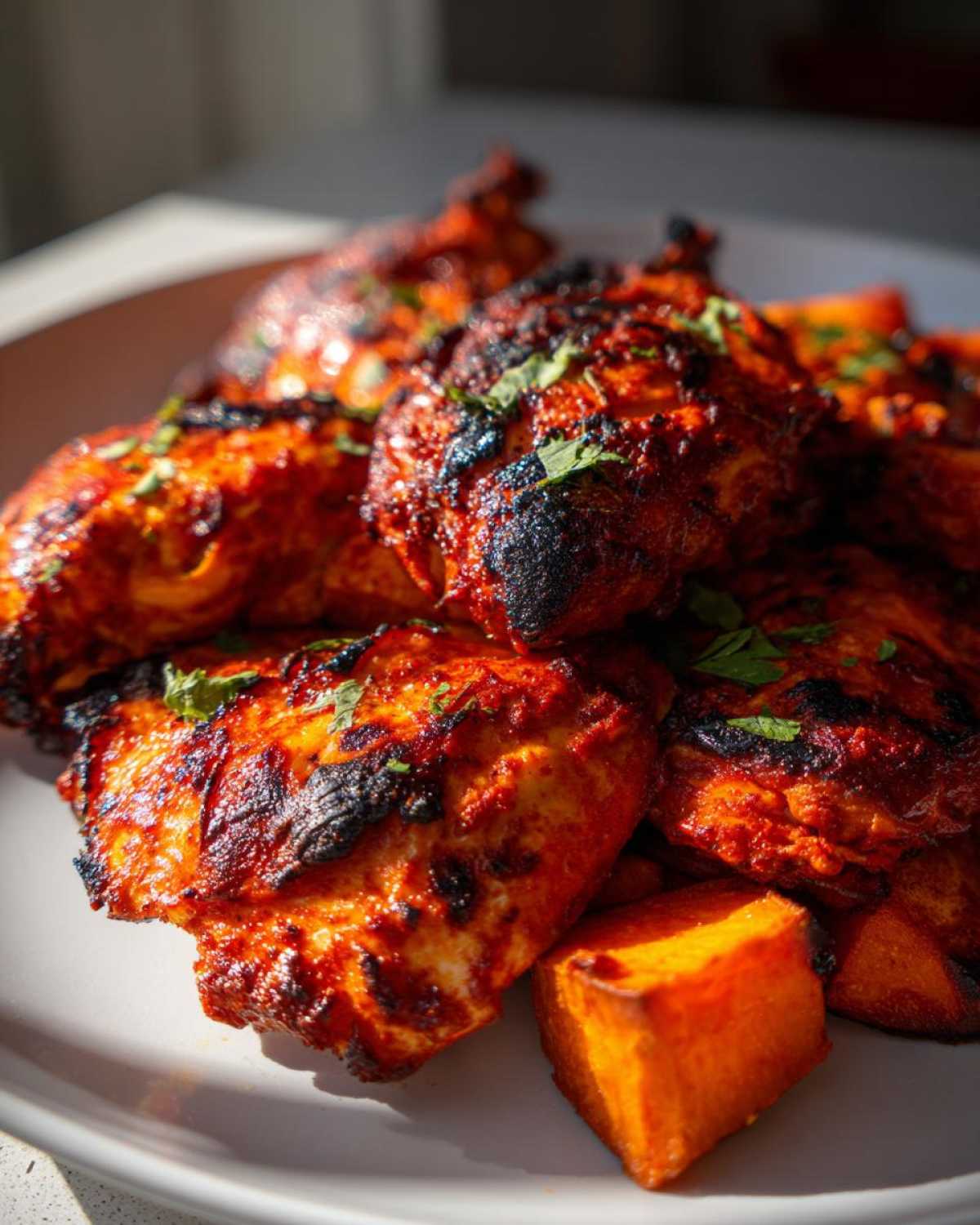 Close-up of richly spiced, charred Sheet Pan Harissa Chicken with roasted sweet potato chunks on a white plate.