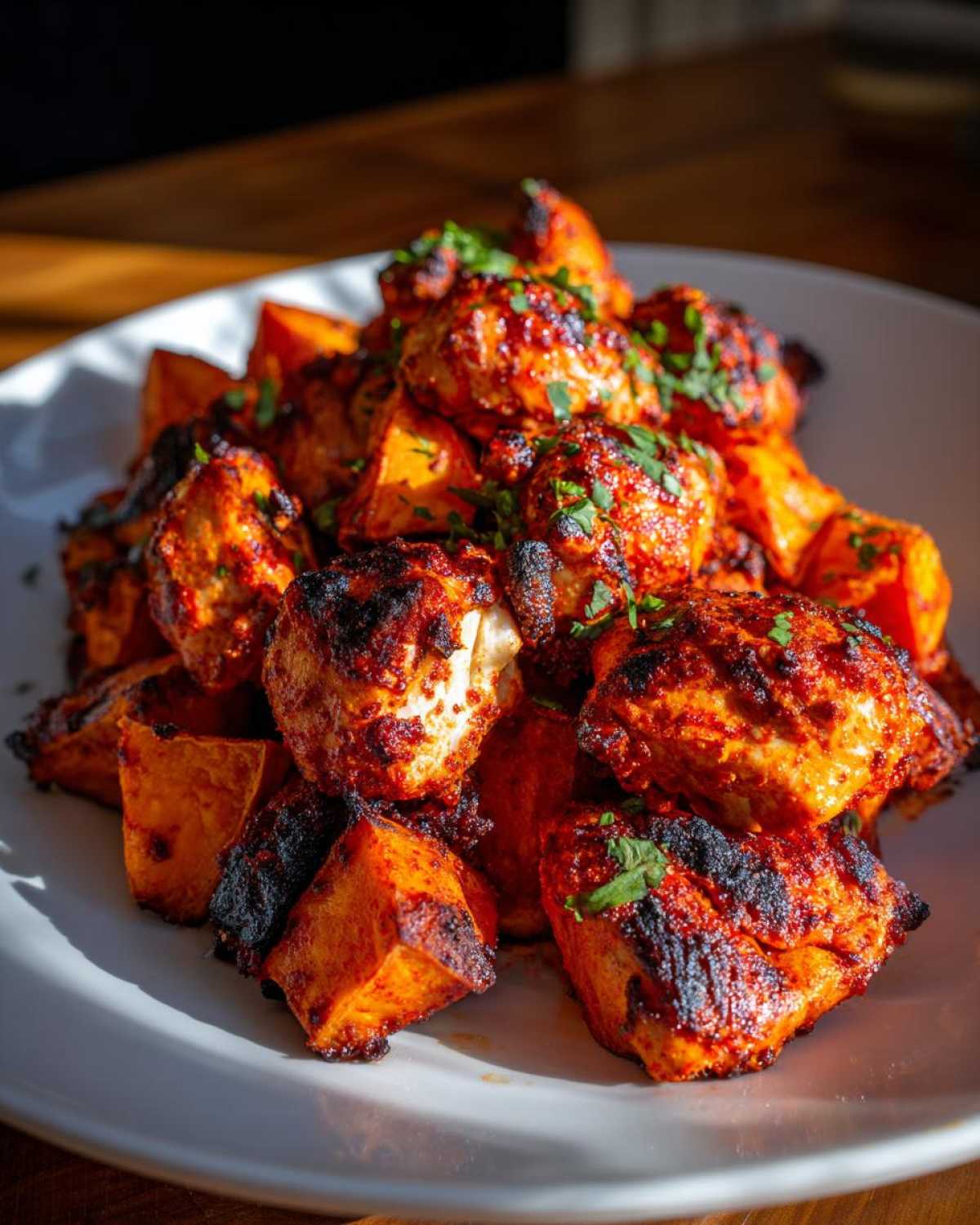 Close-up of Sheet Pan Harissa Chicken with Sweet Potatoes, garnished with parsley on a white plate.
