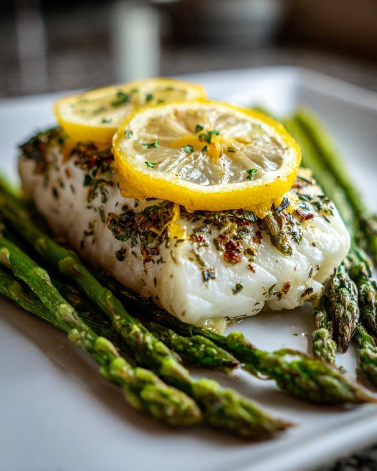 A close-up of Sheet Pan Lemon Herb Cod with Asparagus, topped with lemon slices and herbs.