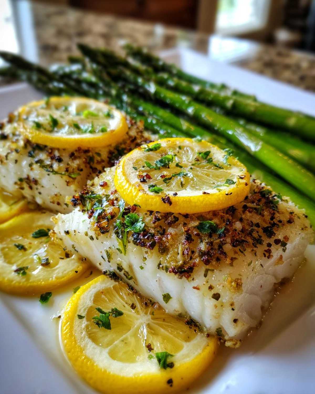 Close-up of flaky Sheet Pan Lemon Herb Cod with Asparagus, topped with lemon slices and herbs.