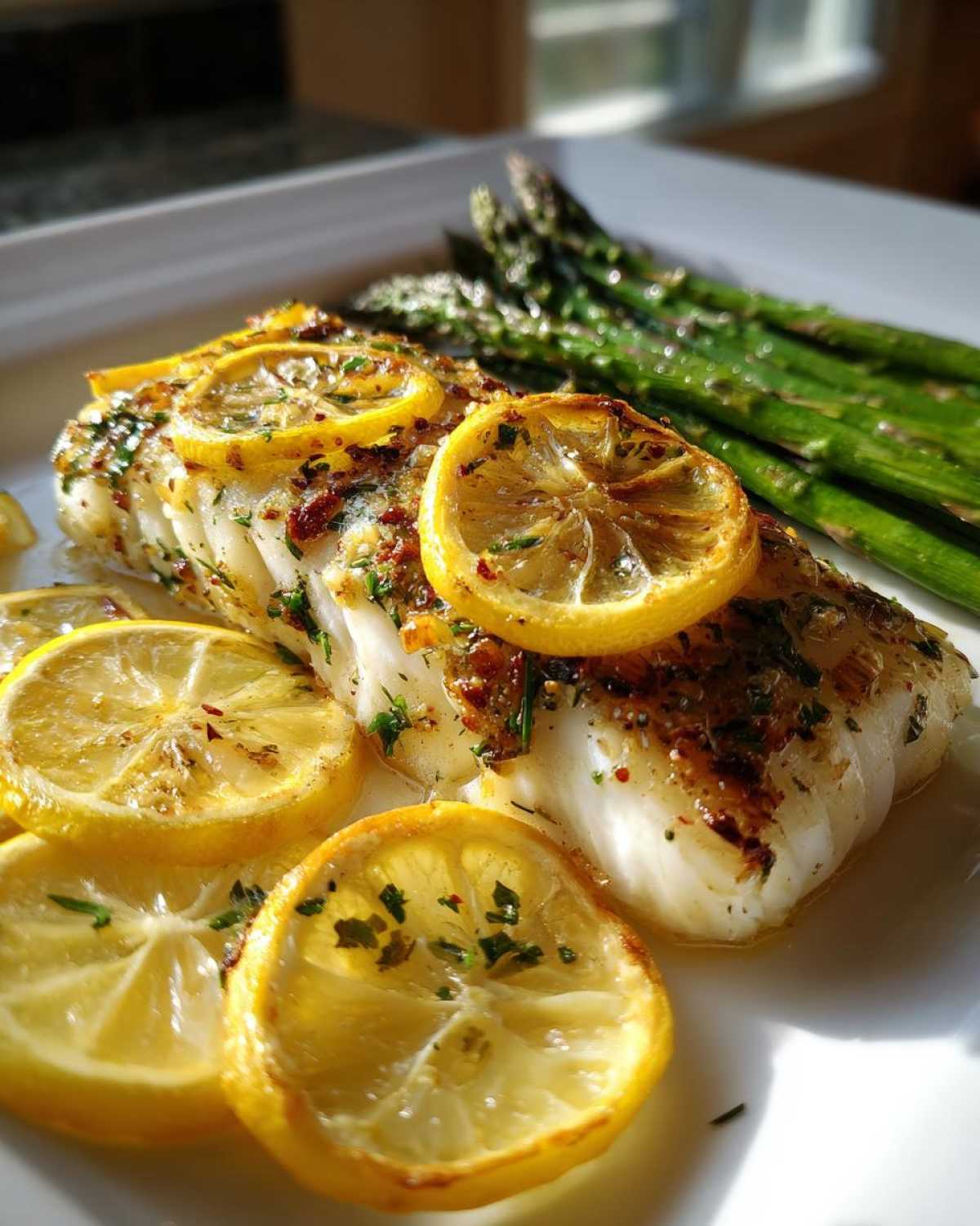 Close-up of a perfectly cooked Sheet Pan Lemon Herb Cod fillet topped with roasted lemon slices and served with asparagus.