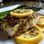 Close-up of a flaky piece of Sheet Pan Lemon Herb Cod with Asparagus, topped with lemon slices and herbs.