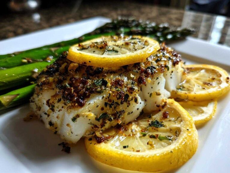 Close-up of a flaky piece of Sheet Pan Lemon Herb Cod with Asparagus, topped with lemon slices and herbs.