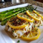Close-up of a perfectly cooked piece of Sheet Pan Lemon Herb Cod with Asparagus, topped with lemon slices and herbs.