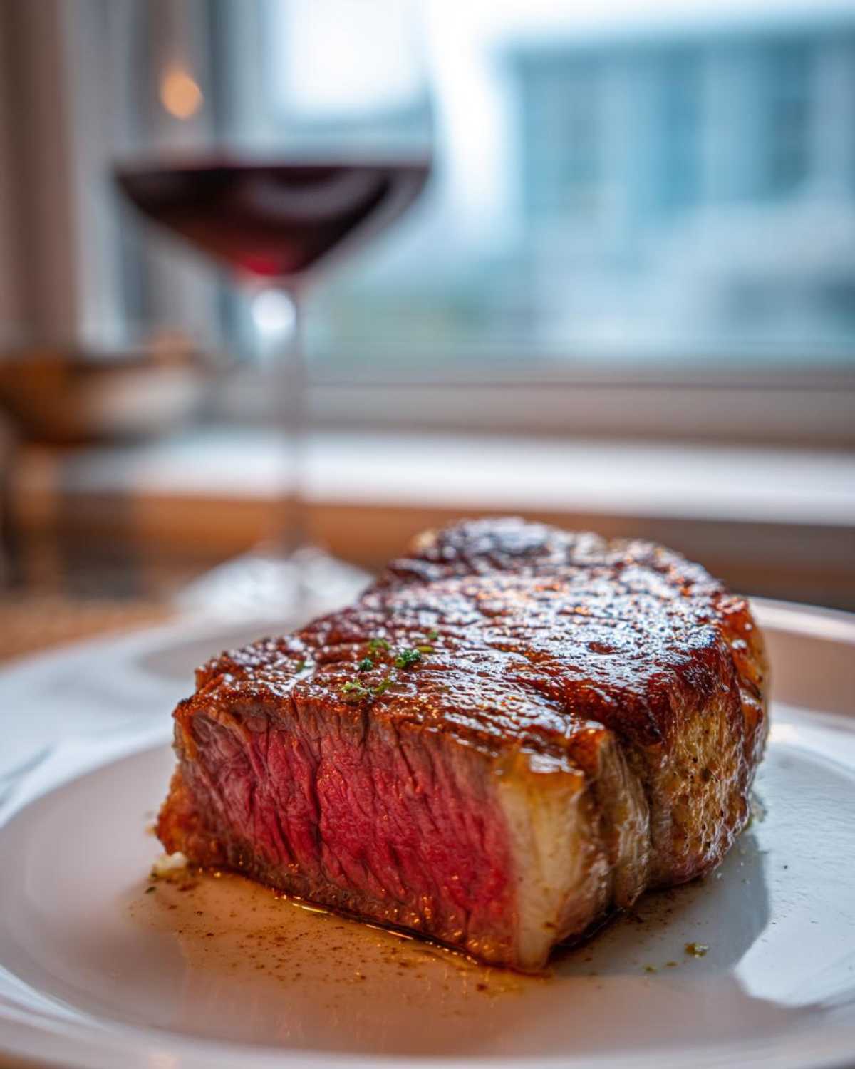 A perfectly cooked, medium-rare steak served on a white plate with a glass of red wine blurred in the background.