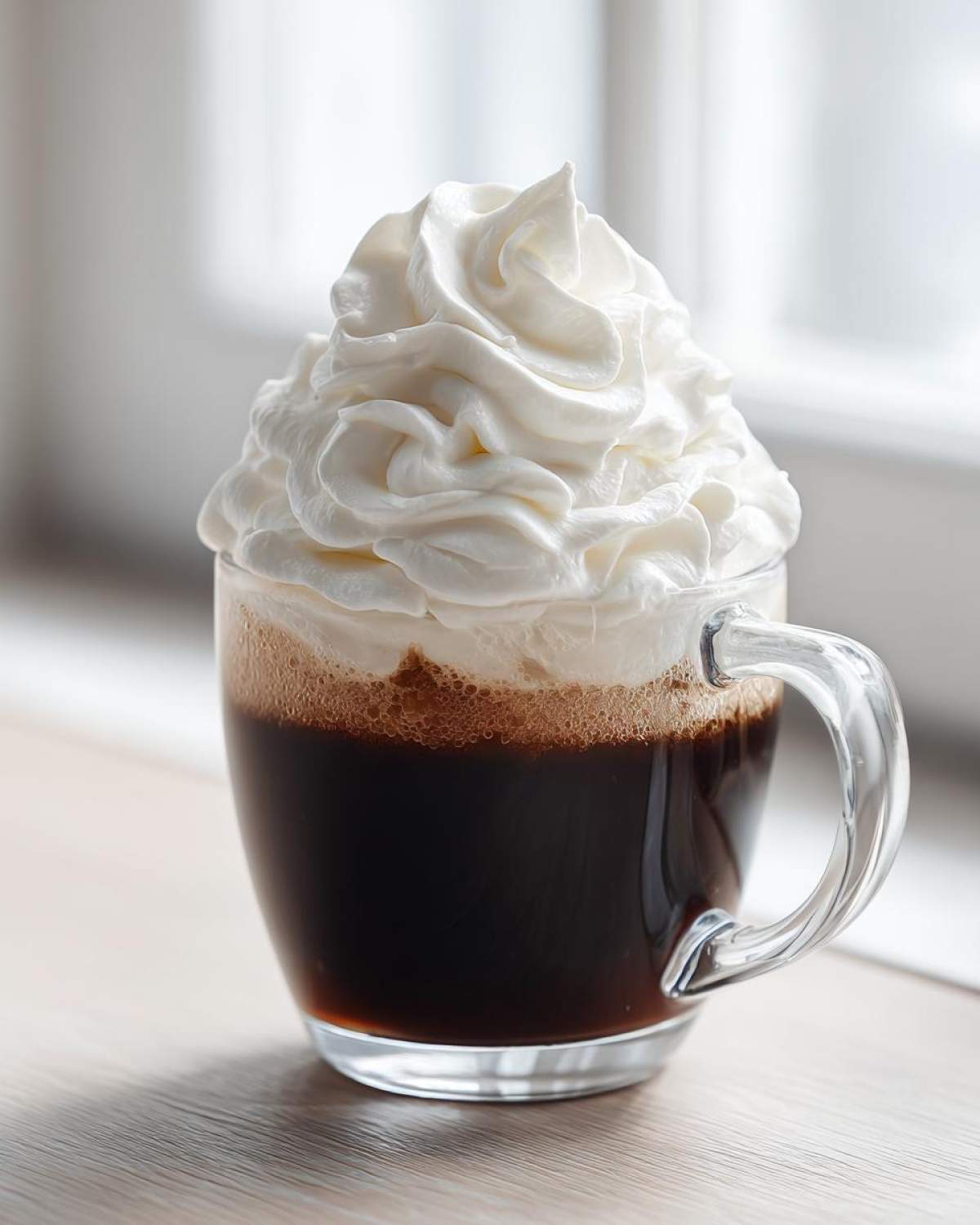 Close-up of dark coffee topped with a generous swirl of whipped cream, mimicking Copycat Starbucks Vanilla Sweet Cream Cold Foam.