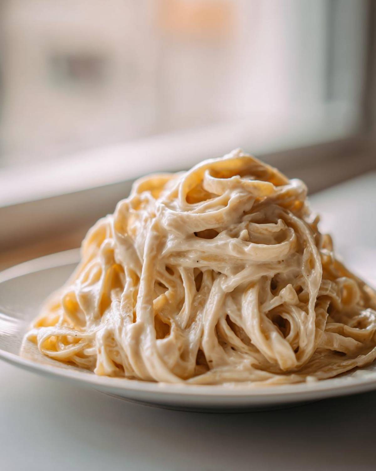 Close-up of fettuccine pasta generously coated in rich Vegan Creamy Cashew Alfredo Sauce on a white plate.