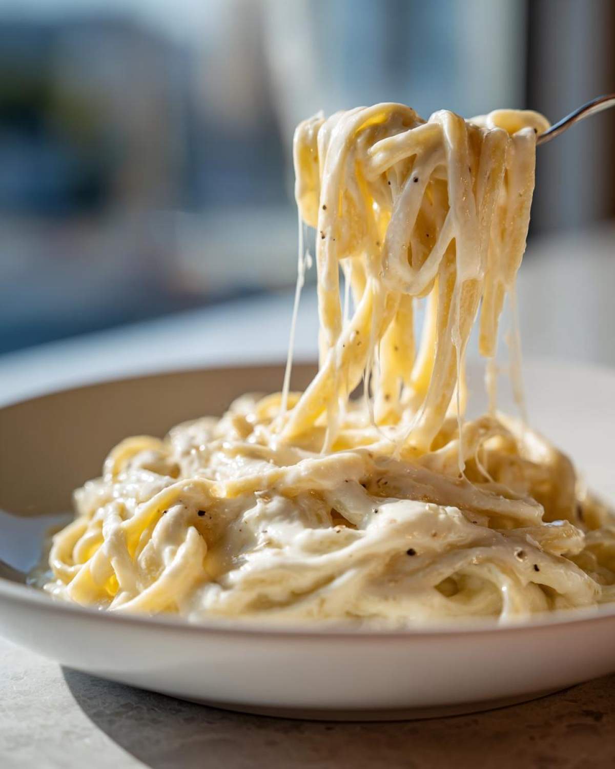 A fork lifts fettuccine coated in rich Vegan Creamy Cashew Alfredo Sauce, showing off its texture.