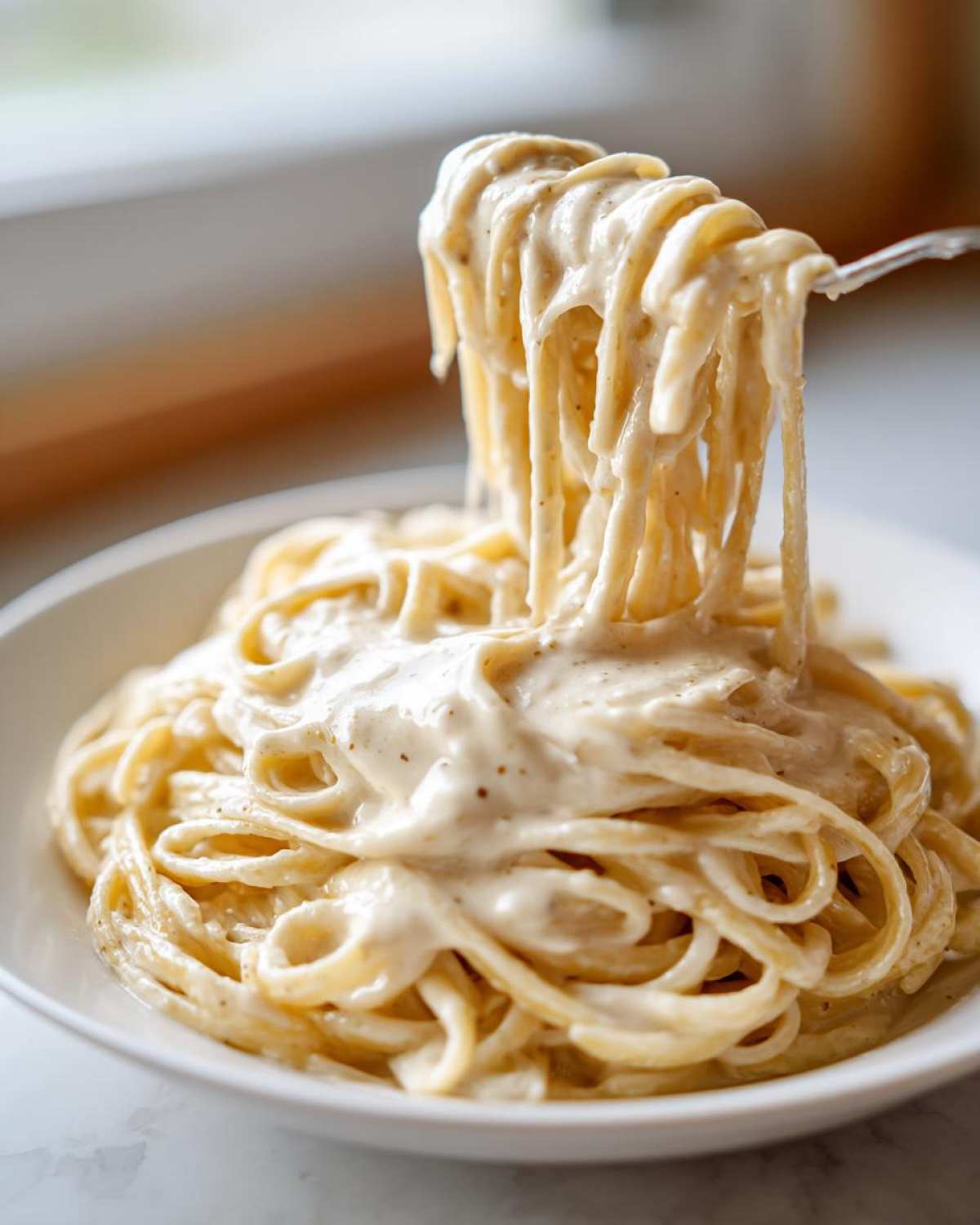 Close-up of spaghetti being lifted from a bowl, coated heavily in rich Vegan Creamy Cashew Alfredo Sauce.