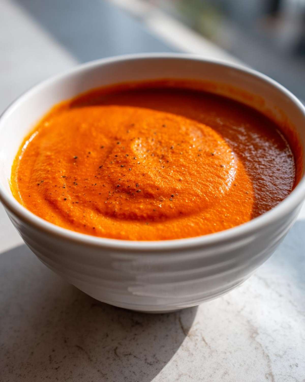 Close-up of a white bowl filled with vibrant orange Vegan Creamy Tomato Coconut Soup, garnished with black pepper.