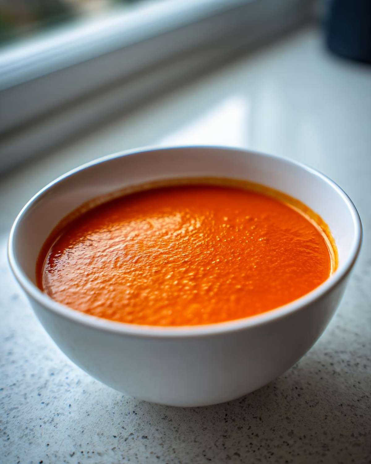 A close-up, low-angle shot of a white bowl filled with vibrant orange Vegan Creamy Tomato Coconut Soup.