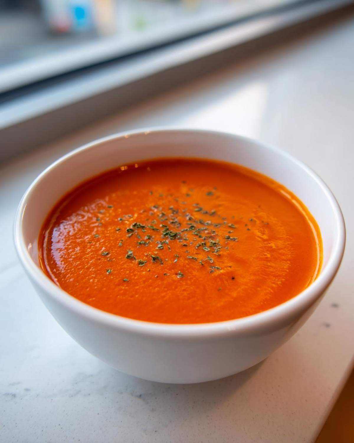 Close-up of a white bowl filled with vibrant orange Vegan Creamy Tomato Coconut Soup, garnished with dried herbs.