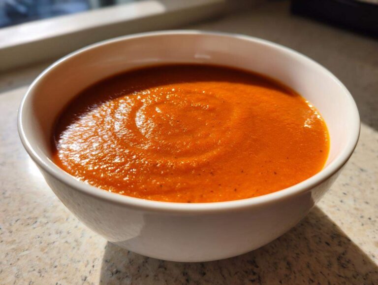 A close-up of a white bowl filled with vibrant orange Vegan Creamy Tomato Coconut Soup.