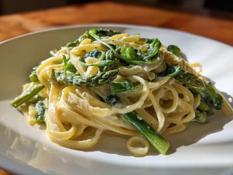 Close-up of creamy Vegan Lemon Asparagus Pasta with bright green asparagus spears and pea shoots.