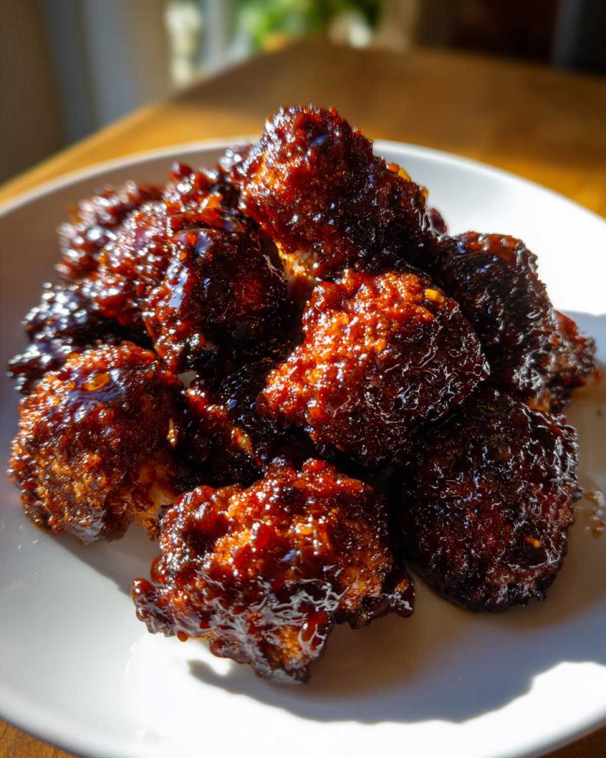 A pile of glistening, dark brown Air Fryer Crispy BBQ Cauliflower Bites coated in sticky sauce on a white plate.