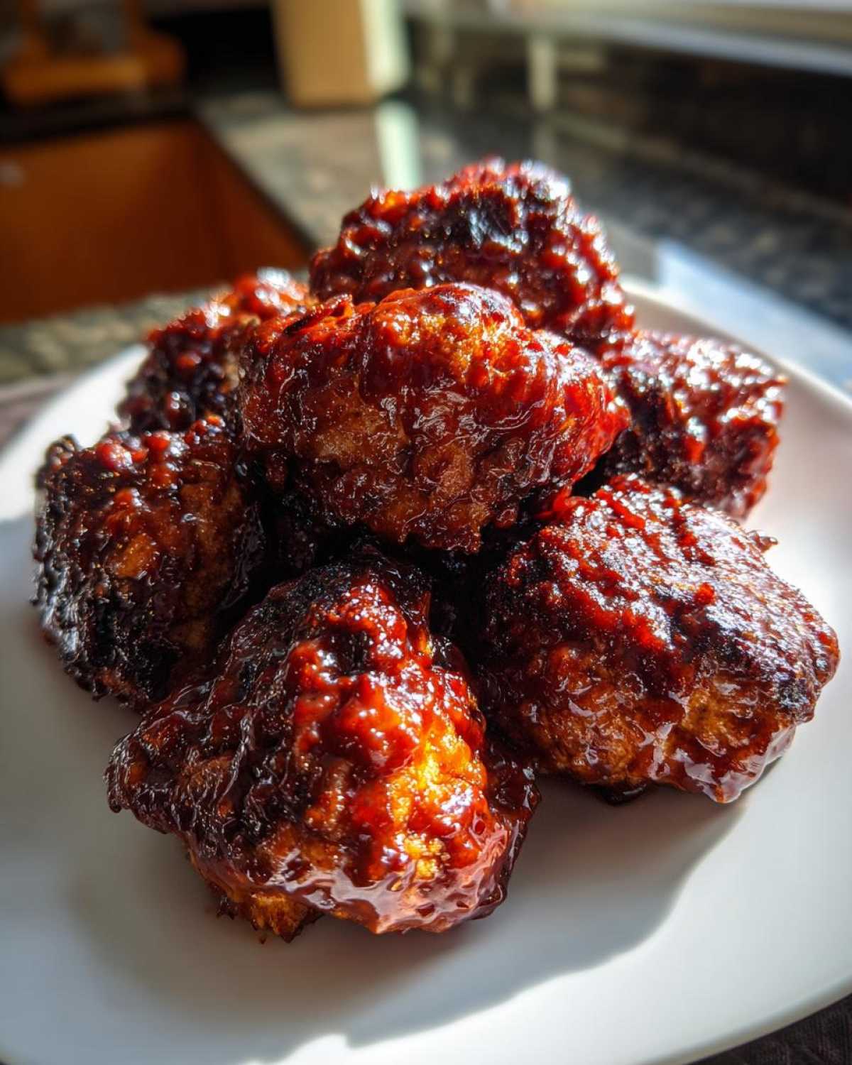 A pile of glossy, dark brown Air Fryer Crispy BBQ Cauliflower Bites stacked on a white plate.
