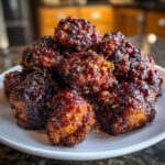 A close-up of a pile of glossy, dark BBQ-glazed Air Fryer Crispy BBQ Cauliflower Bites on a white plate.