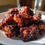 A serving of glossy, dark red Air Fryer Crispy BBQ Cauliflower Bites piled on a white plate.