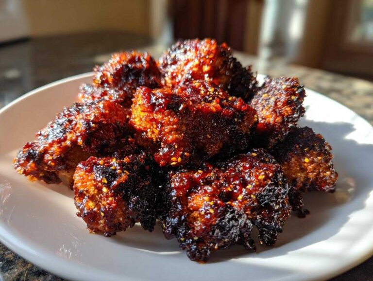 A serving of glossy, dark red Air Fryer Crispy BBQ Cauliflower Bites piled on a white plate.