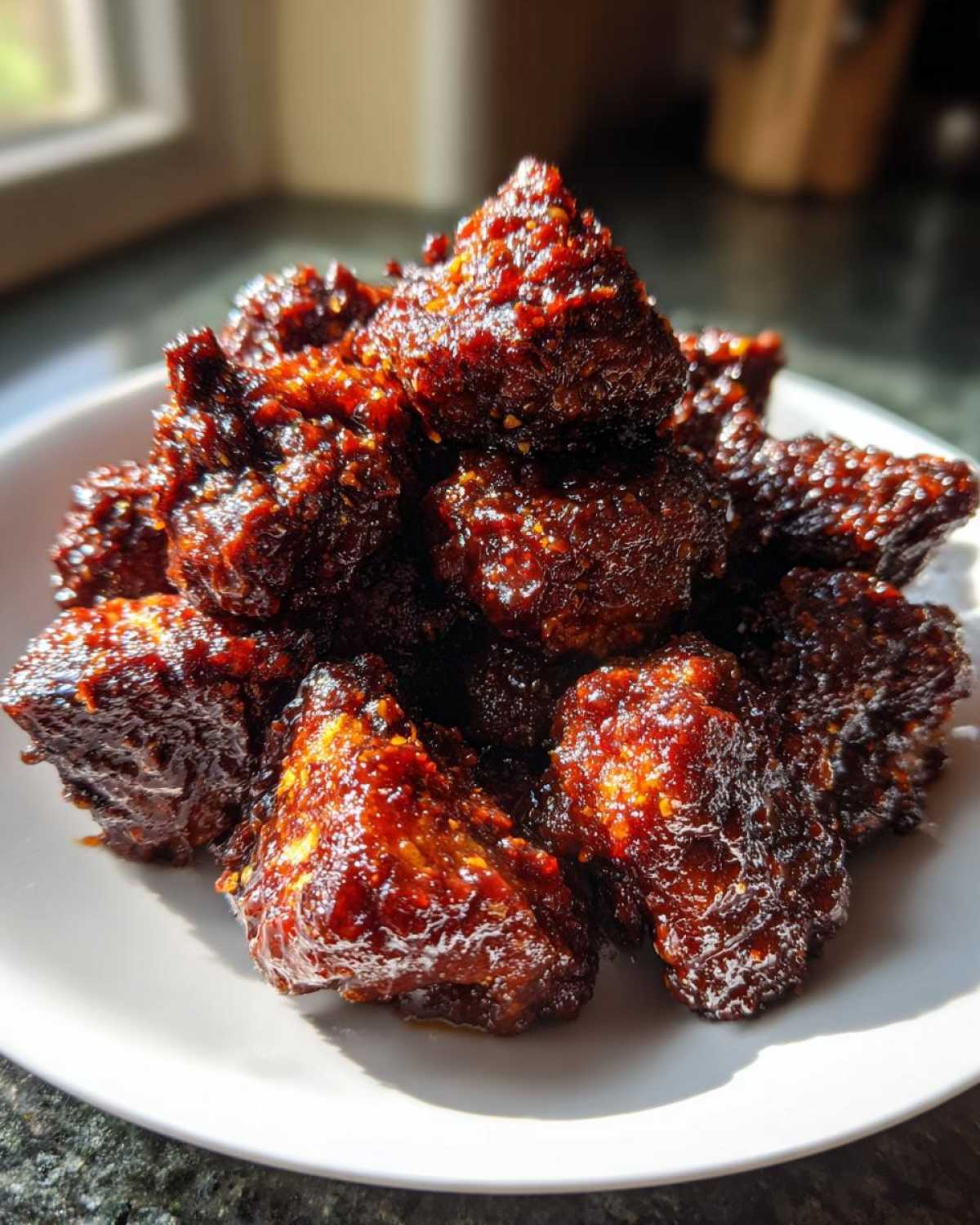 A close-up stack of glossy, dark red Air Fryer Crispy BBQ Cauliflower Bites piled high on a white plate.