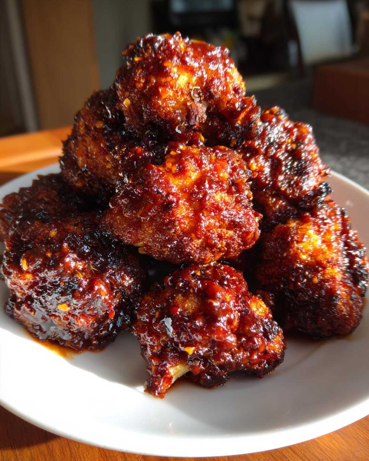 A close-up of several glossy, dark red Air Fryer Crispy BBQ Cauliflower Bites piled on a white plate.