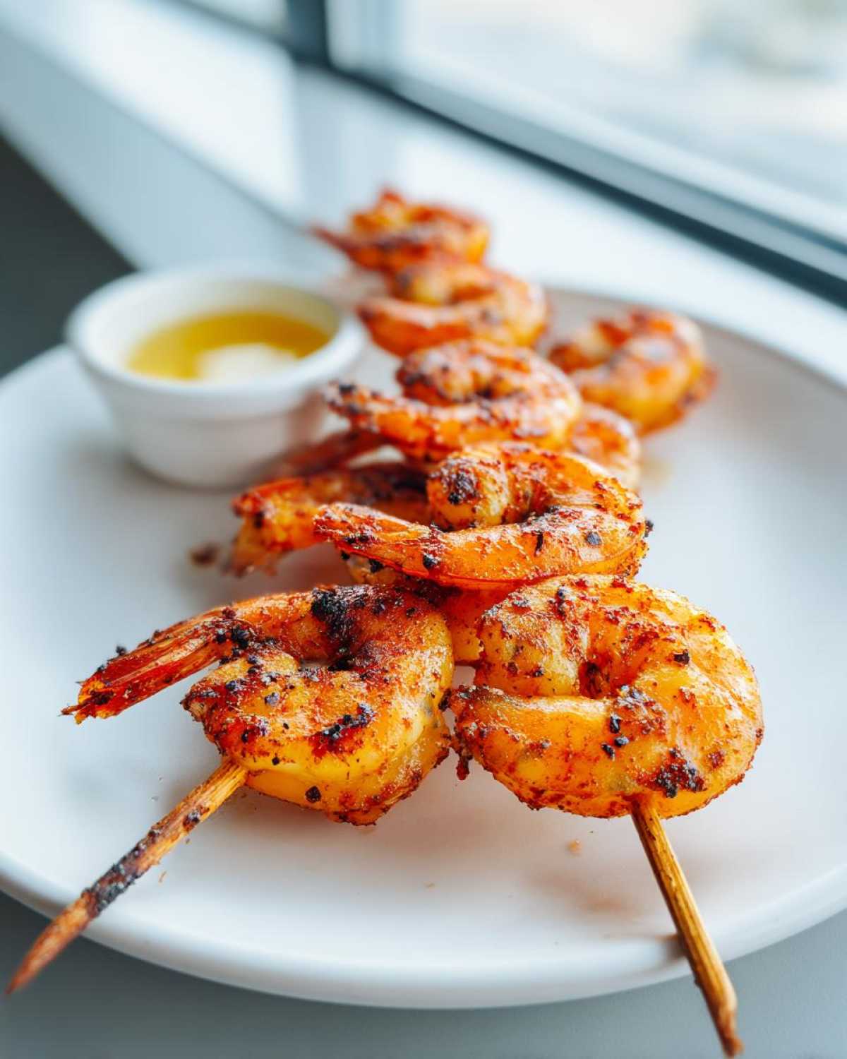 Close-up of perfectly cooked Air Fryer Crispy Cajun Shrimp Skewers served on a white plate with a side of dipping sauce.
