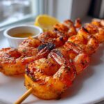 Close-up of perfectly cooked Air Fryer Crispy Cajun Shrimp Skewers served on a white plate with lemon.