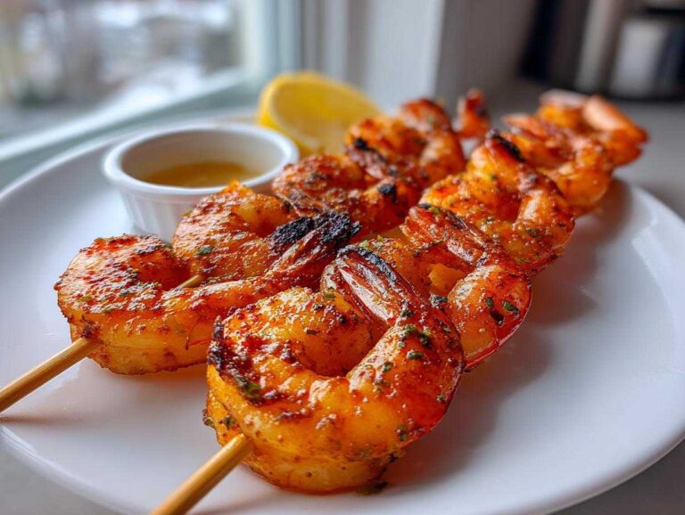 Close-up of perfectly cooked Air Fryer Crispy Cajun Shrimp Skewers served on a white plate with lemon.