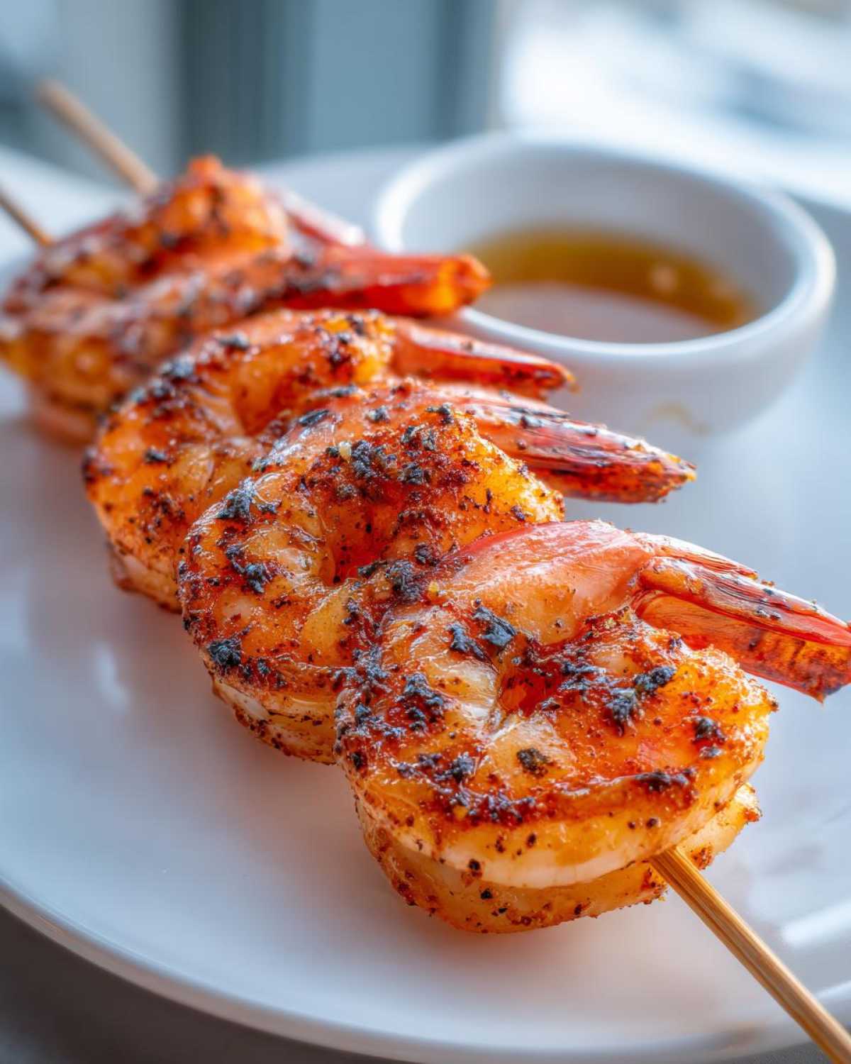 Close-up of perfectly cooked Air Fryer Crispy Cajun Shrimp Skewers on a white plate with a dipping sauce.