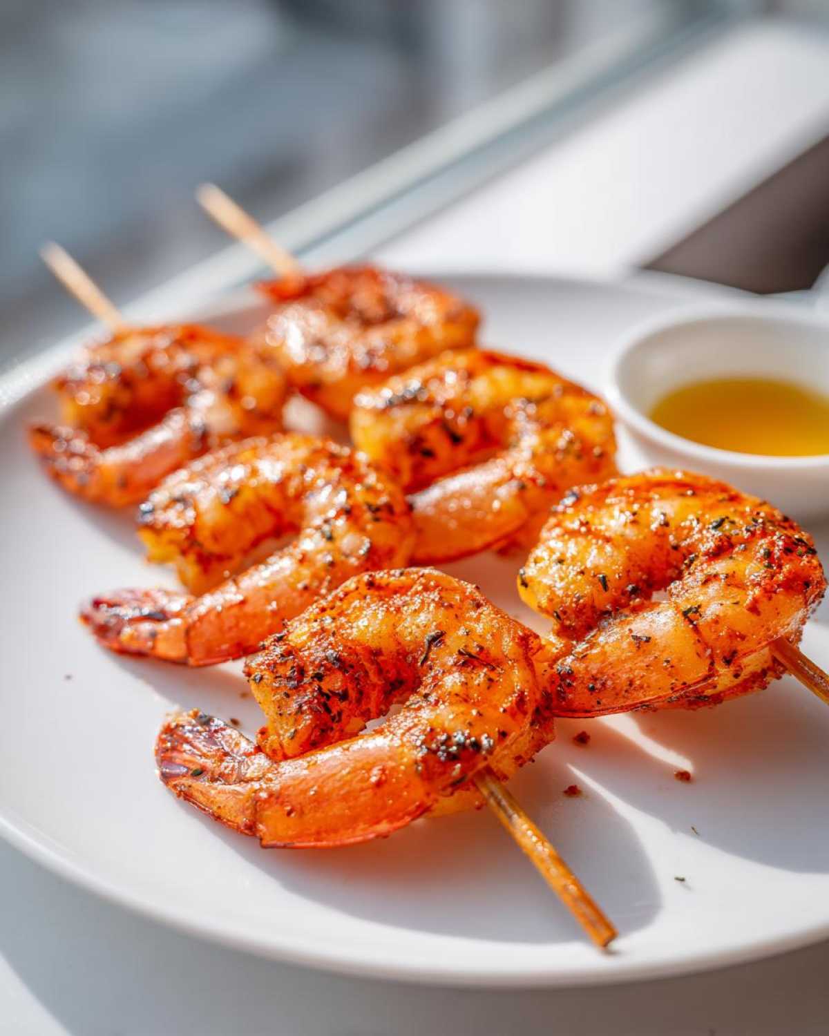 Close-up of several Air Fryer Crispy Cajun Shrimp Skewers seasoned with spices on a white plate next to a dipping sauce.