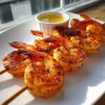 Close-up of perfectly cooked Air Fryer Crispy Cajun Shrimp Skewers on a white plate with melted butter.