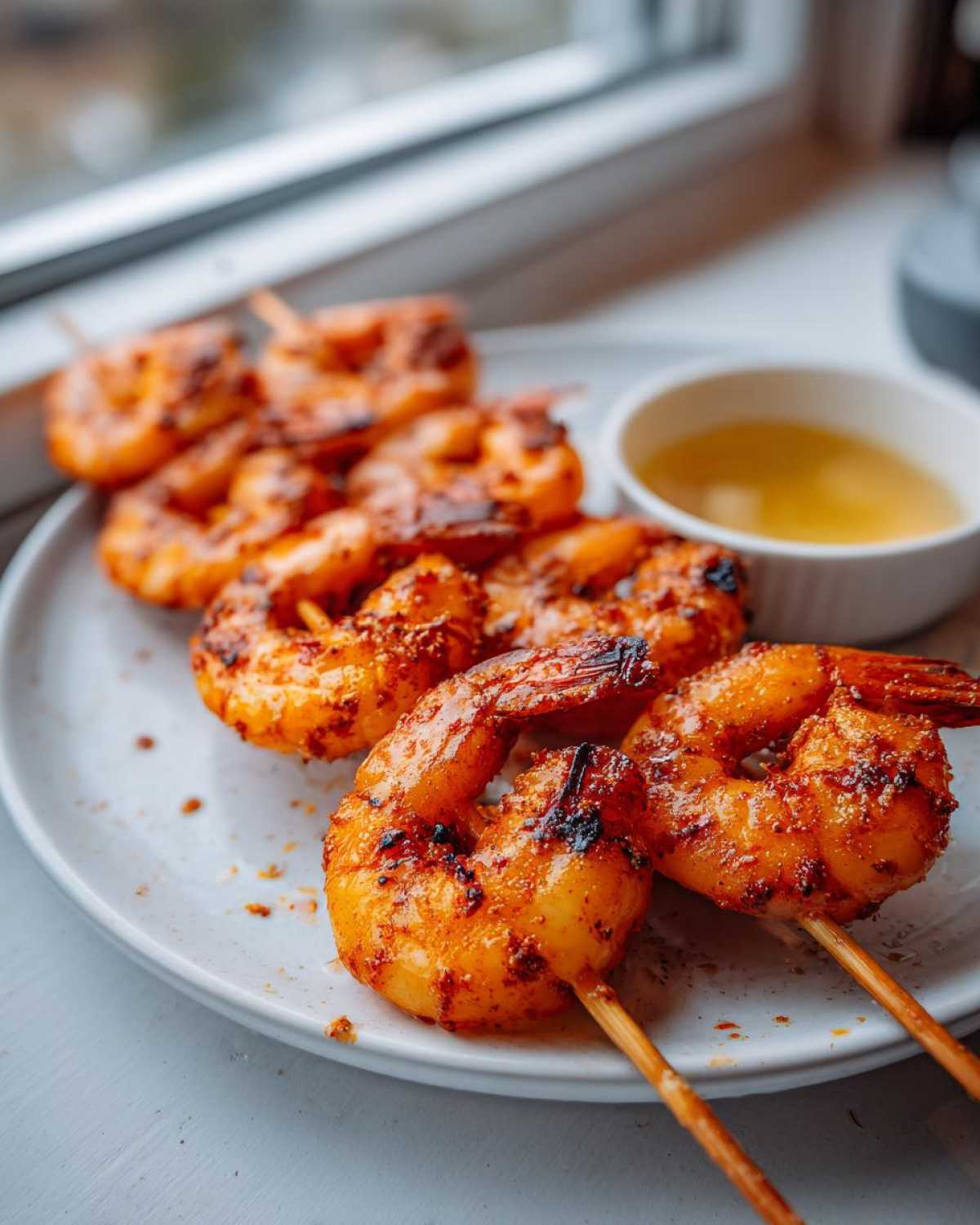 Close-up of perfectly cooked Air Fryer Crispy Cajun Shrimp Skewers on a white plate with a side of dipping sauce.