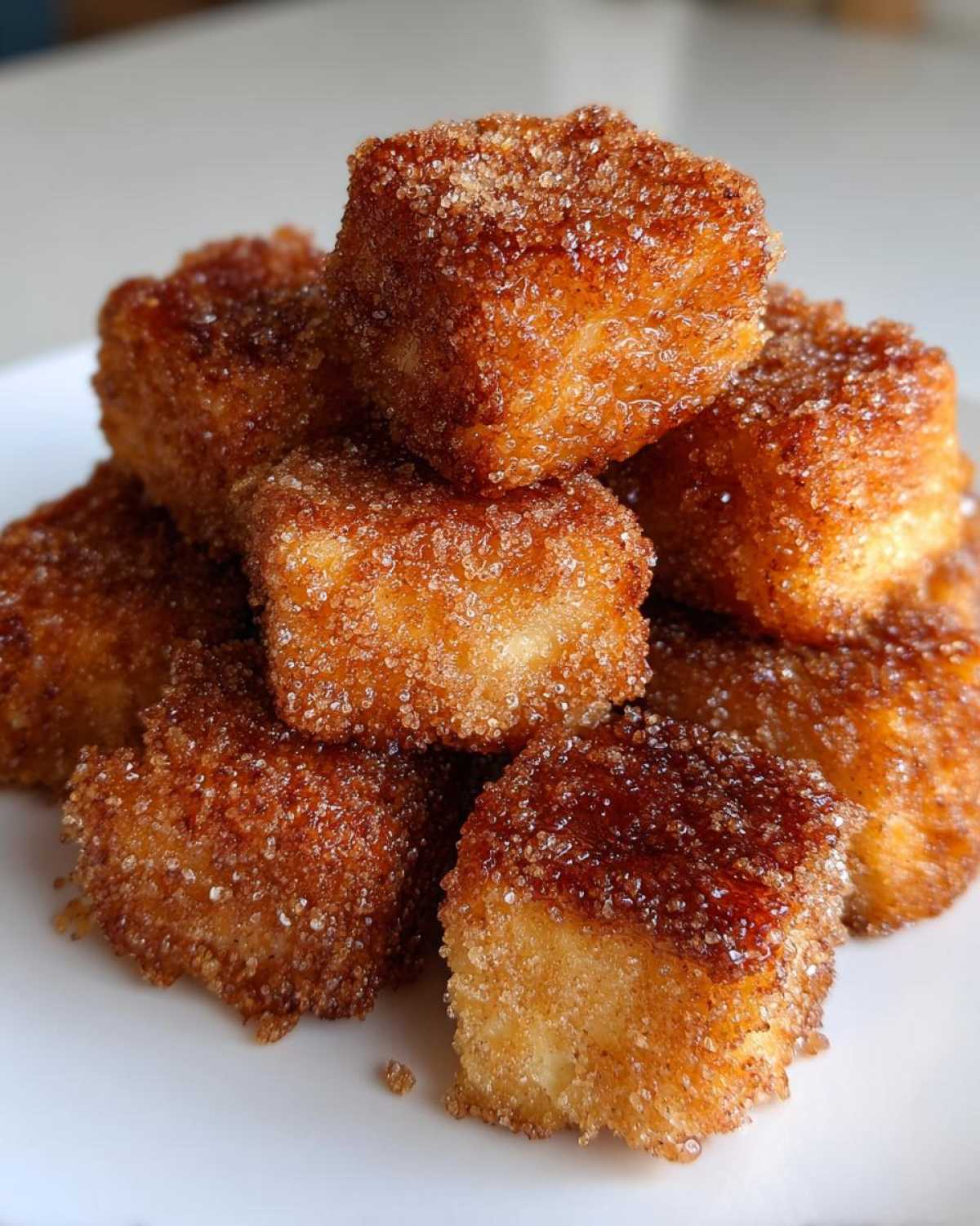 A stack of golden brown Air Fryer Crispy Cinnamon French Toast Bites coated heavily in cinnamon sugar.