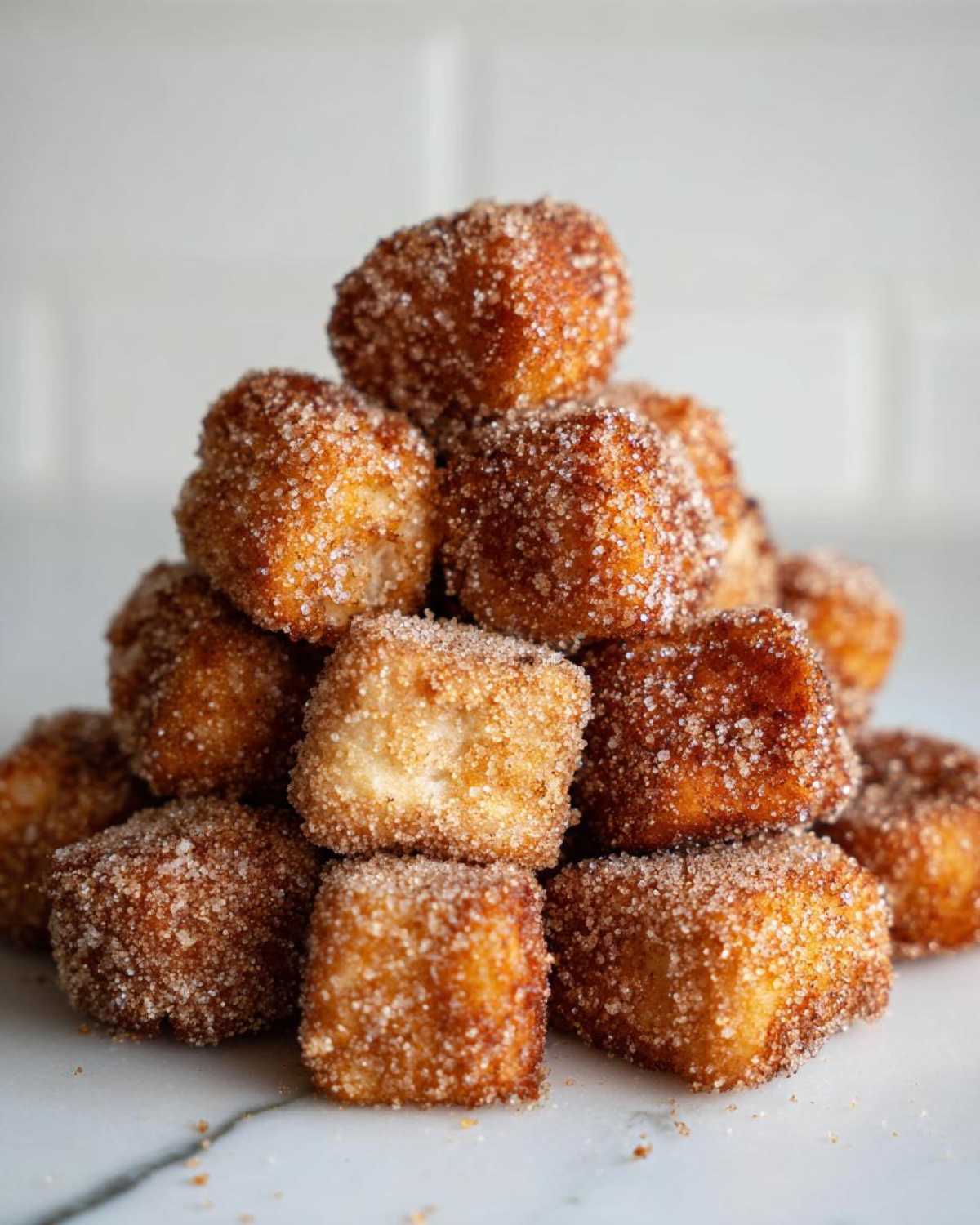 A stack of golden brown Air Fryer Crispy Cinnamon French Toast Bites coated heavily in cinnamon sugar.