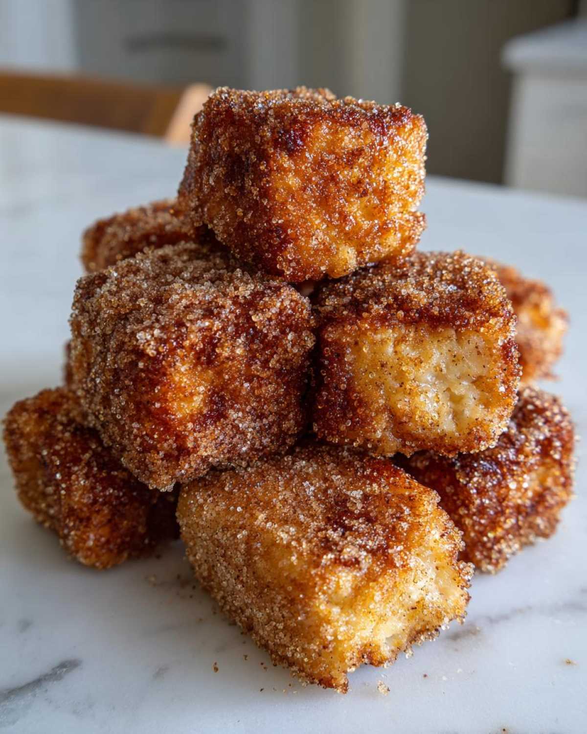 A stack of golden Air Fryer Crispy Cinnamon French Toast Bites coated heavily in cinnamon sugar.