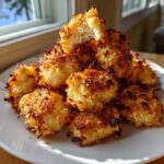 A mound of golden brown, crispy Air Fryer Crispy Coconut Chicken Bites piled high on a white plate.