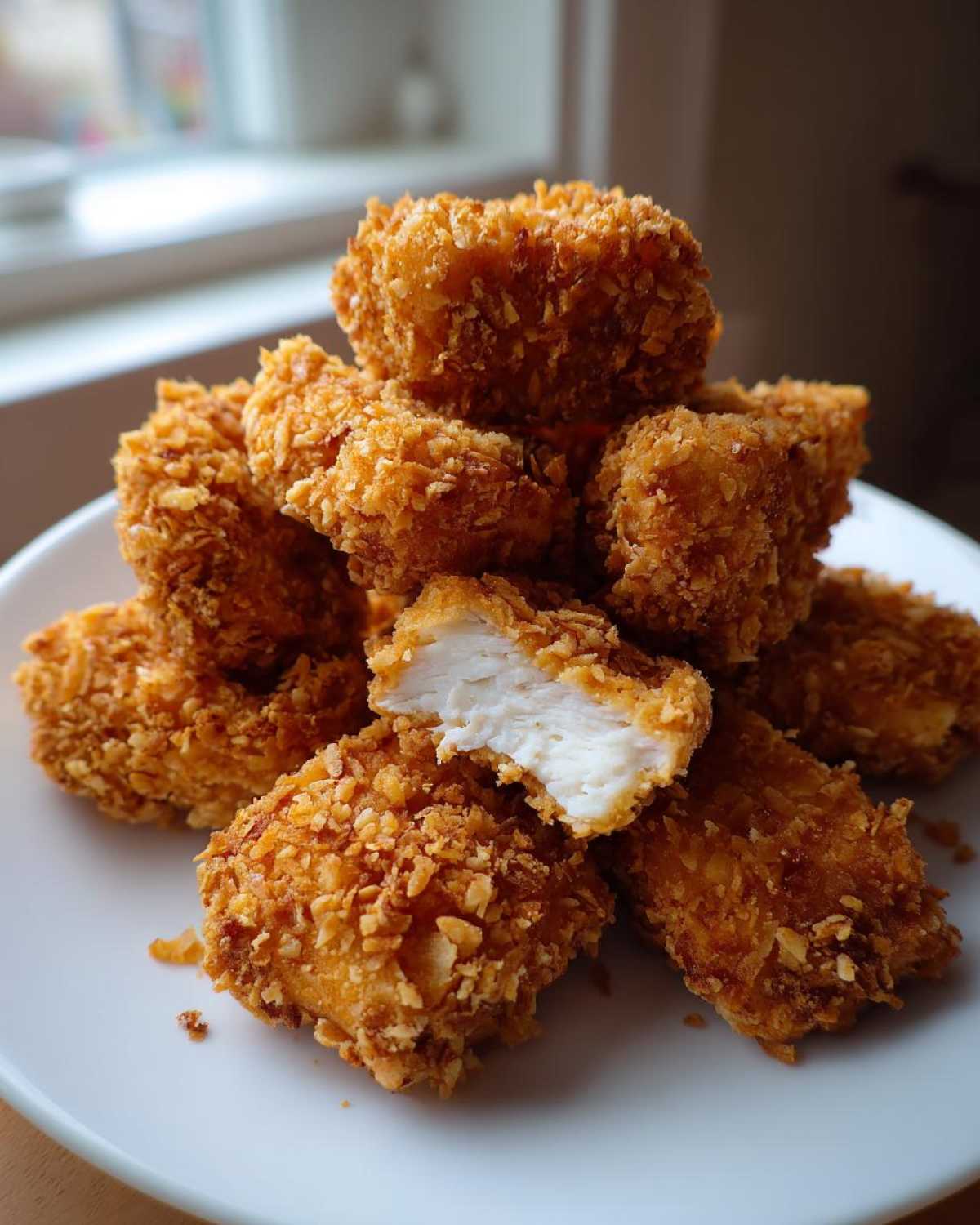 A pile of golden brown Air Fryer Crispy Coconut Chicken Bites, with one piece broken open showing juicy white chicken inside.
