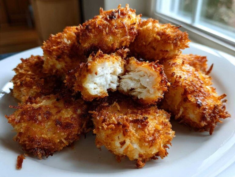 A pile of golden brown Air Fryer Crispy Coconut Chicken Bites on a white plate, one piece broken open showing white chicken inside.